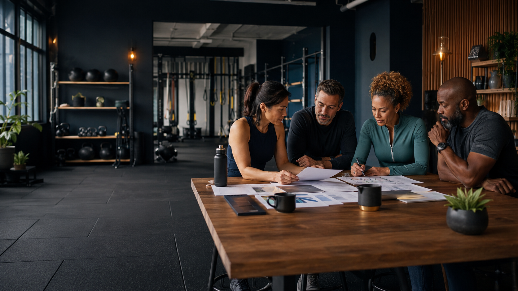 A small wellness business team planning organizational programmes inside its studio