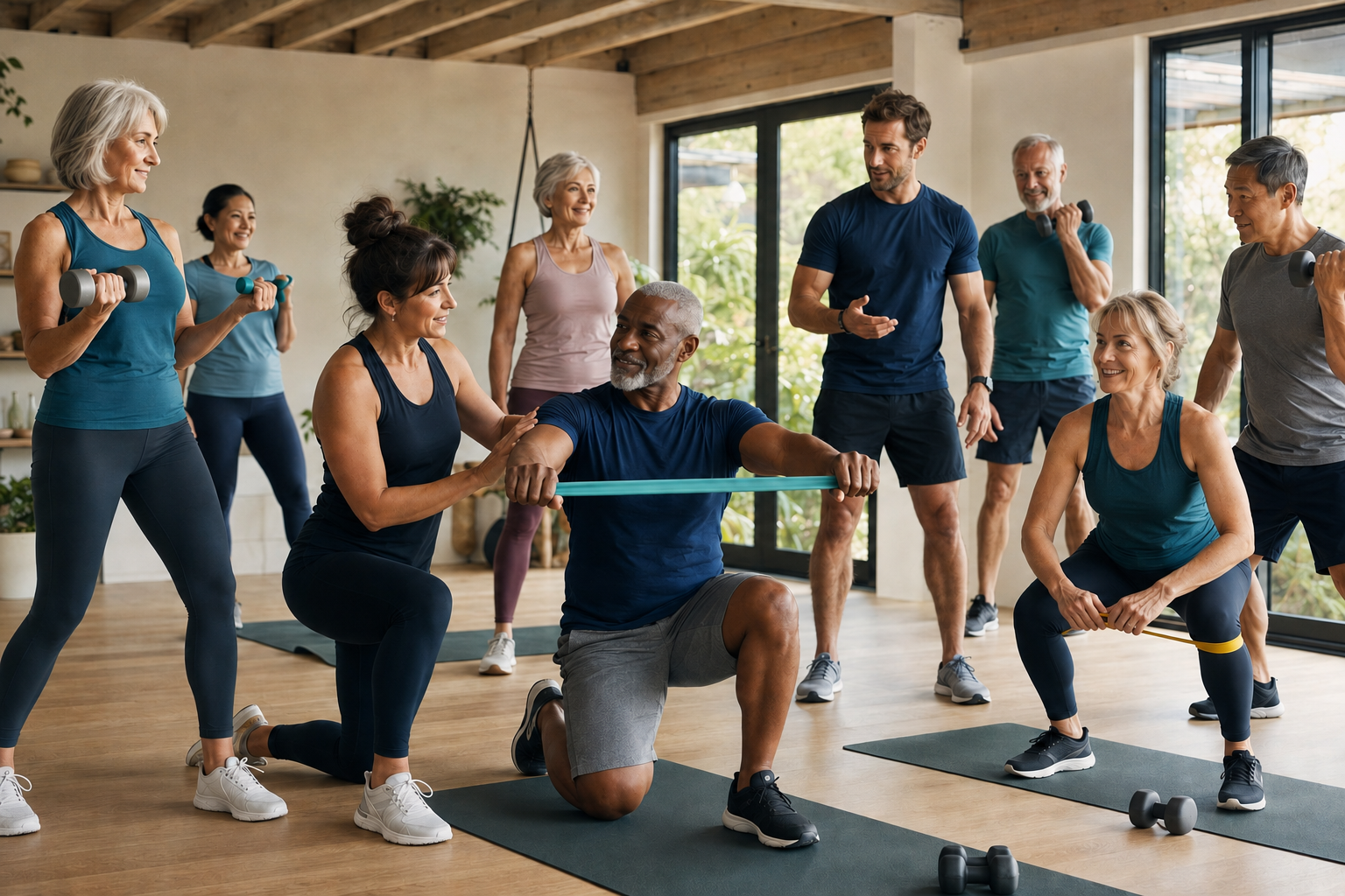 Professional coaches facilitating a healthy-aging strength workshop for older adults