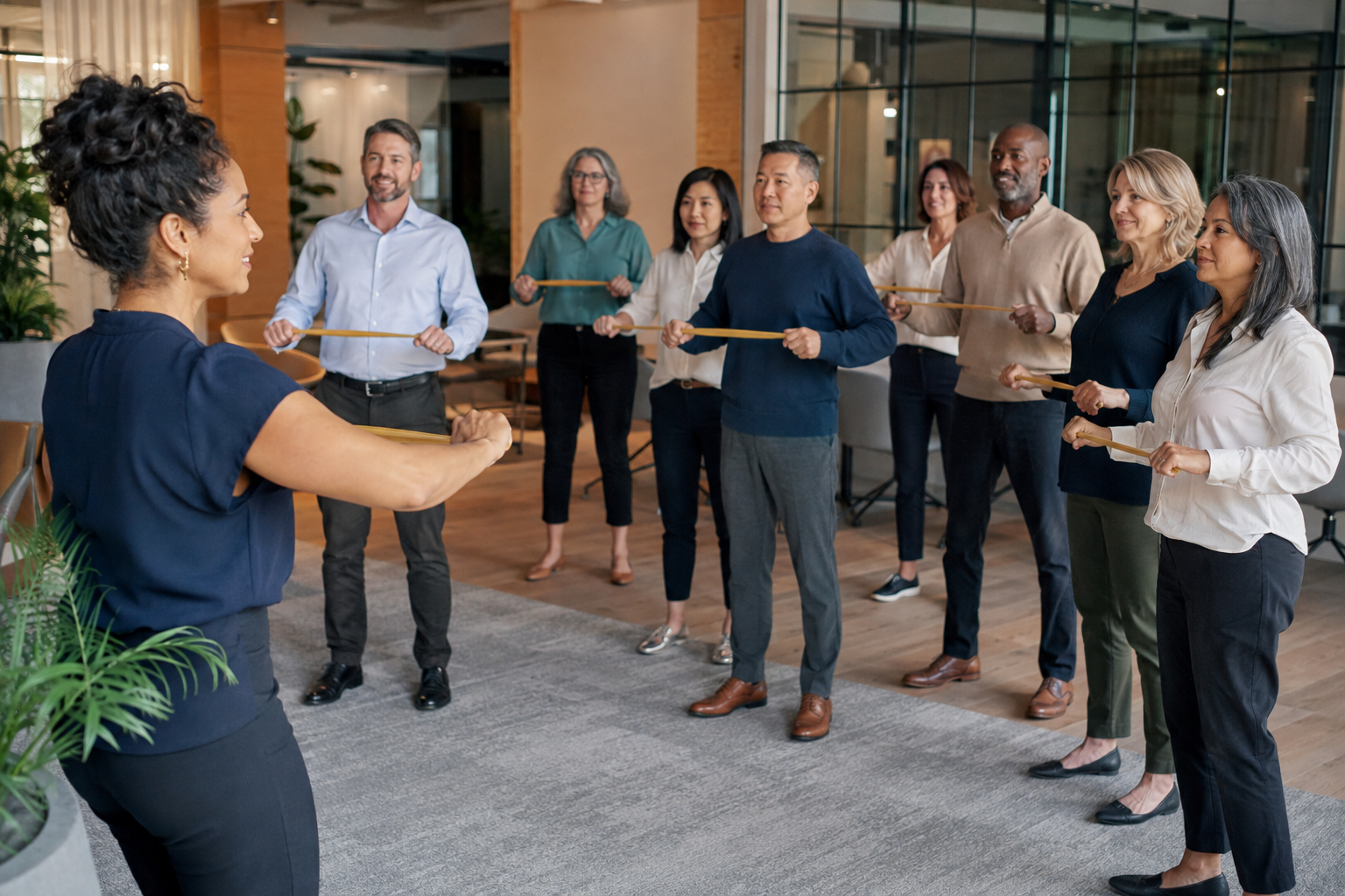 Wellness educator leading a practical strength session for a workplace team