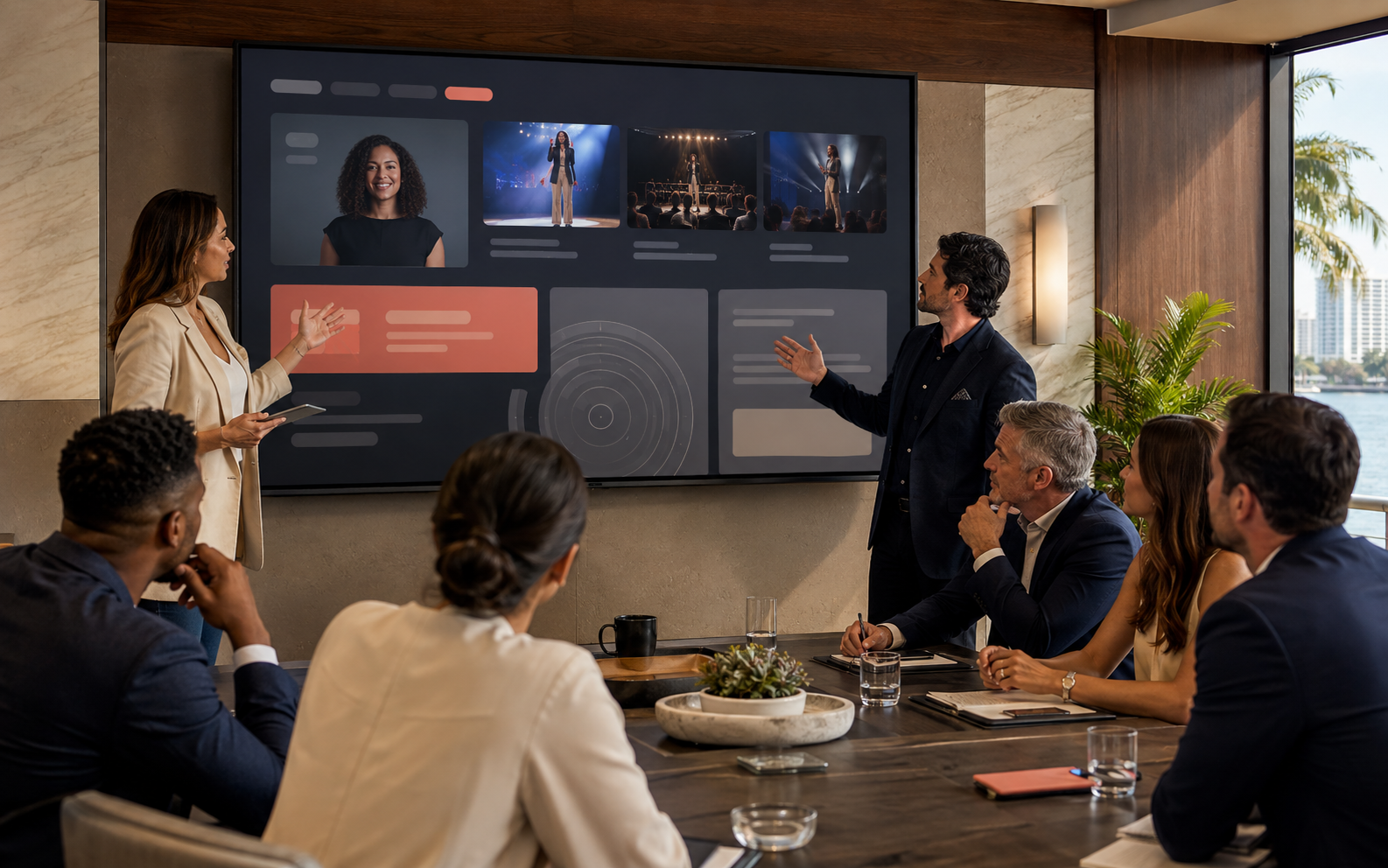 A professional agency team presenting a speaker's opportunity portfolio