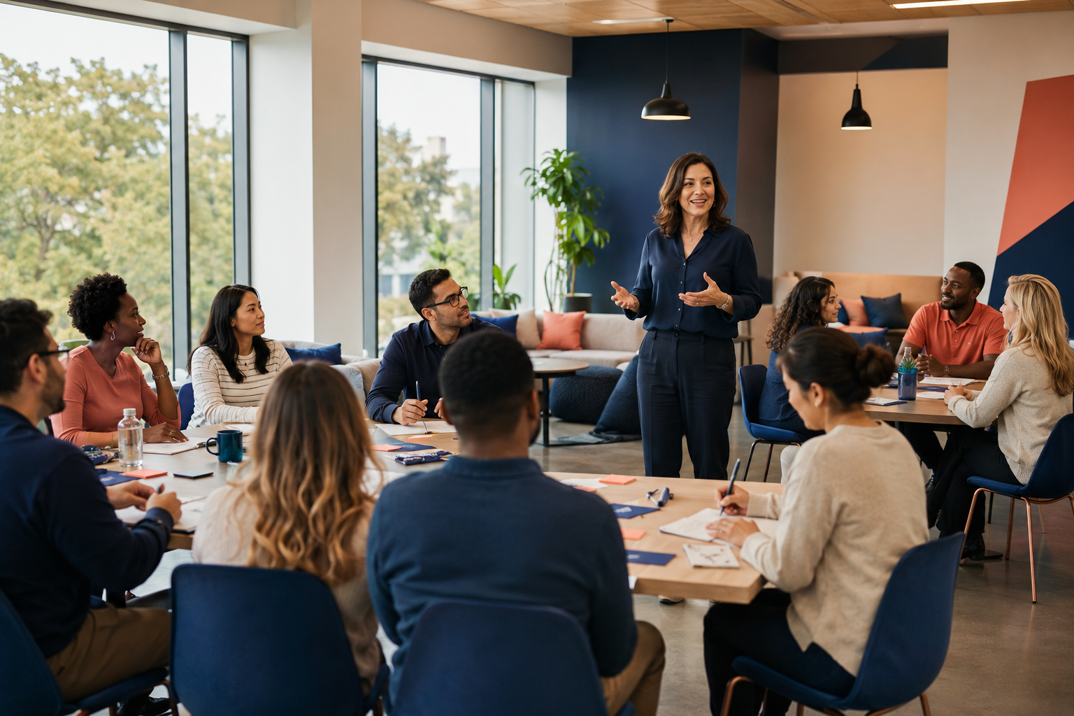 A wellness expert facilitating an interactive workplace workshop